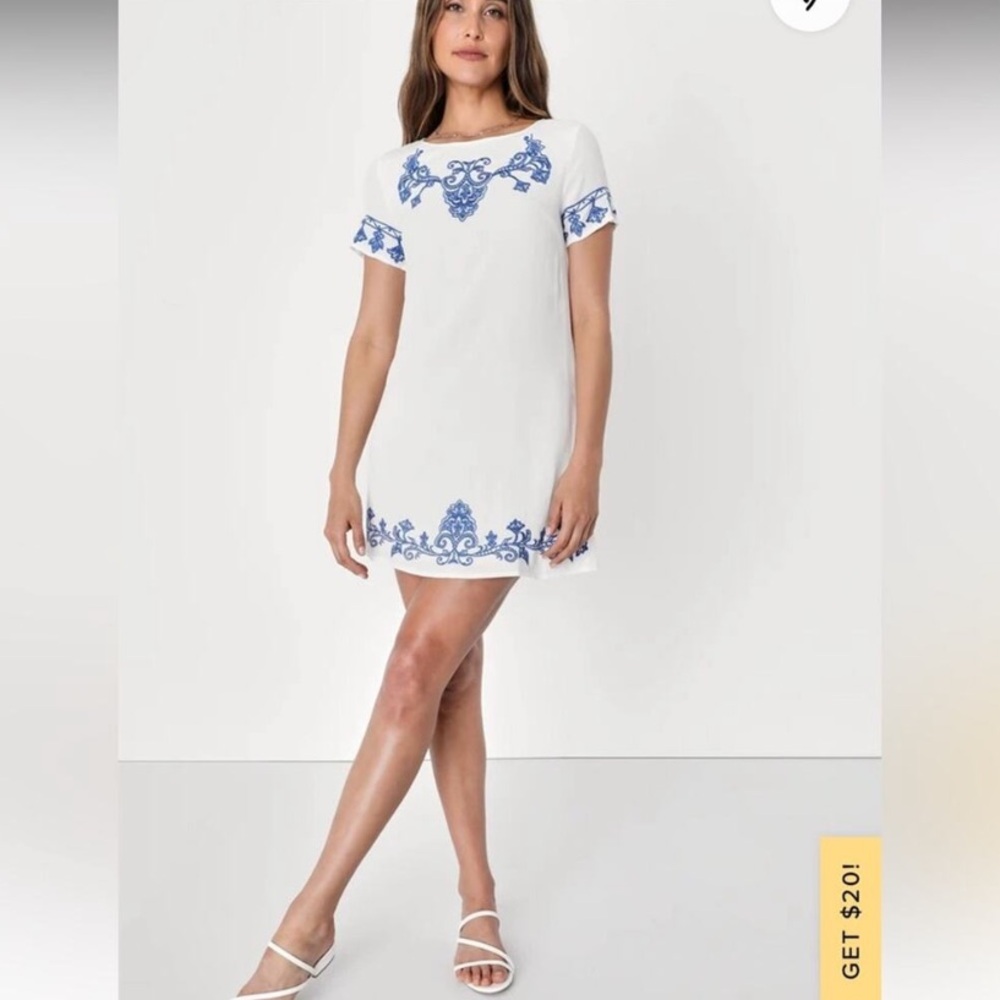 Lulus Tale to Tell Blue and Ivory Embroidered Dress